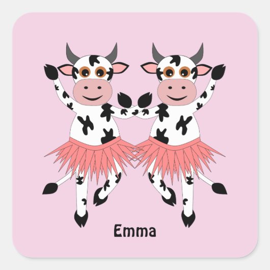 かわいいおもしろい踊り牛 スクエアシール (正面)