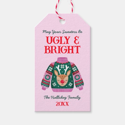 かわいいおもしろい醜いセータートナカイ家族の写真 ギフトタグ (正面)