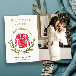 かわいいおもしろい醜いセーター赤い緑の写真クリスマス シーズンカード