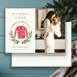 かわいいおもしろい醜いセーター赤い緑の写真クリスマス シーズンポストカード