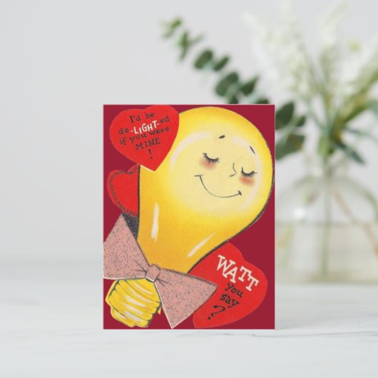 かわいいおもしろい電球風変わりハートバレンタイン シーズンポストカード (スタンド正面)