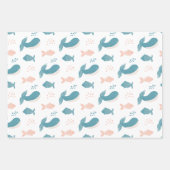 かわいいおもしろい青いクジラと魚。航海の動物 ラッピングペーパーシート (正面2)