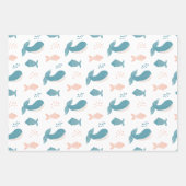 かわいいおもしろい青いクジラと魚。航海の動物 ラッピングペーパーシート (正面)