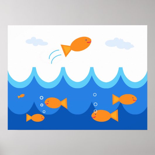 かわいいおもしろい飛んでいる魚イラストレーション ポスター (正面)