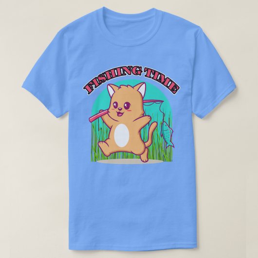 かわいいおもしろい魚釣り猫 Tシャツ (デザイン正面)