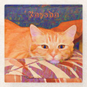 かわいいおもしろい鮮やかなオレンジ色のタビー猫 ガラスコースター (正面)