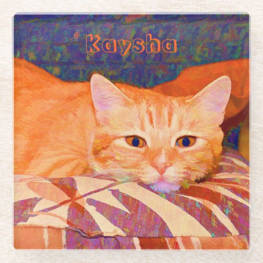 かわいいおもしろい鮮やかなオレンジ色のタビー猫 ガラスコースター (正面)