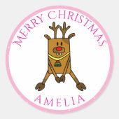 かわいいおもしろい鹿クリスマスキッドの名前ギフトラベル ラウンドシール (正面)