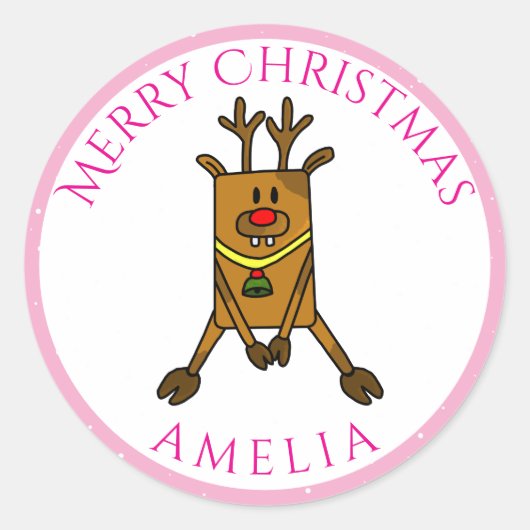かわいいおもしろい鹿クリスマスキッドの名前ギフトラベル ラウンドシール (正面)