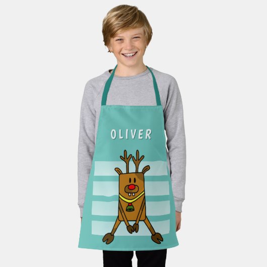 かわいいおもしろい鹿スケッチグリーンクリスマスネームキッズ エプロン (着用した状態)
