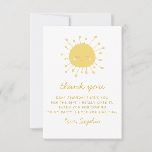 かわいいおもしろい黄色の太陽。サンシャイン子供の誕生日 サンキューカード (正面)