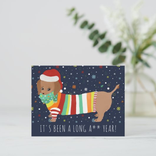 かわいいおもしろい・ドッグ・ソーセージ・クリスマス2021年祝日 ポストカード (スタンド正面)