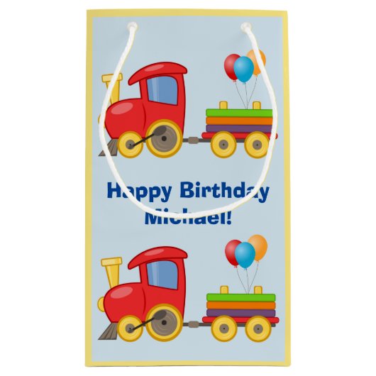 かわいいおもちゃの列車は誕生会の名前の青を風船のようにふくらませます スモールペーパーバッグ (裏面)