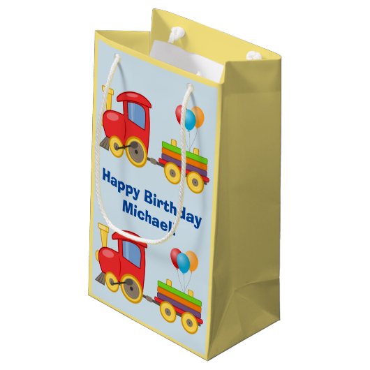 かわいいおもちゃの列車は誕生会の名前の青を風船のようにふくらませます スモールペーパーバッグ (裏面アングル)