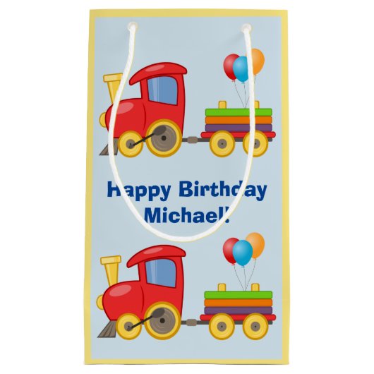 かわいいおもちゃの列車は誕生会の名前の青を風船のようにふくらませます スモールペーパーバッグ (正面)