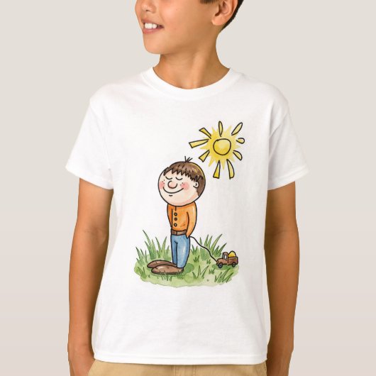 かわいいおもちゃの車を持つ少年 キッズTシャツ Tシャツ (正面)