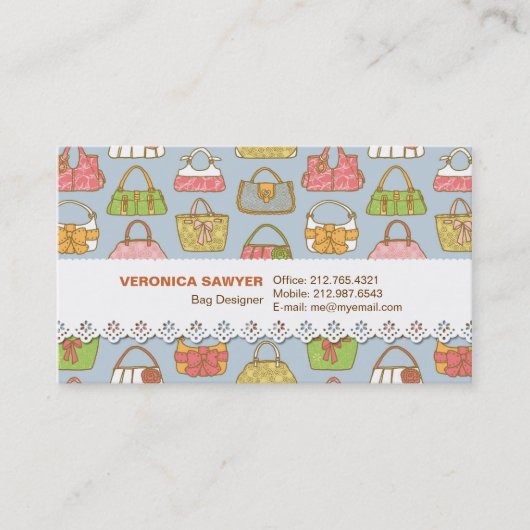 かわいいおよびカラフルのバッグのイラストレーションパターン(青い) 名刺 (正面)