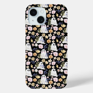 かわいいお化けとカラフルな花のシームレスパターン iPhone 15ケース