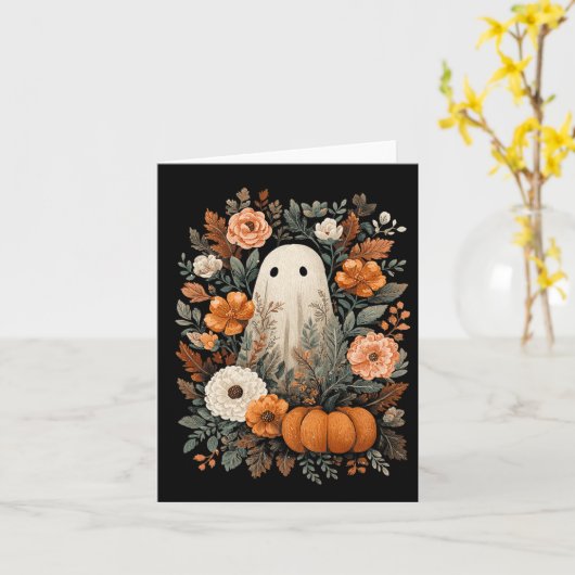 かわいいお化けと秋のカボチャの花の怖いハロウィーン カード (黄色い花)