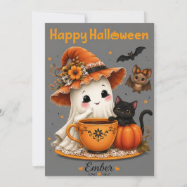かわいいお化けと黒猫のハロウィンデザイン 招待状