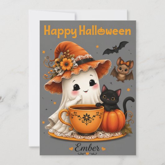 かわいいお化けと黒猫のハロウィンデザイン 招待状 (正面)