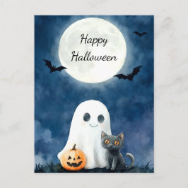 かわいいお化けと黒猫のハロウィン ポストカード