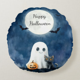 かわいいお化けと黒猫のハロウィン ラウンドクッション