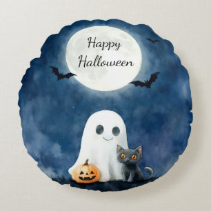 かわいいお化けと黒猫のハロウィン ラウンドクッション
