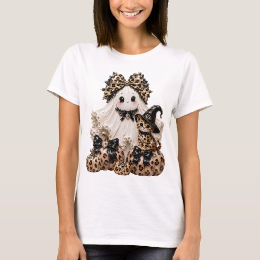 かわいいお化けと黒猫のハロウィーン ヒョウ柄カボチャ Tシャツ (正面)