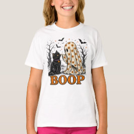 かわいいお化けのぽんぽん黒猫フラワーハロウィンアート Tシャツ