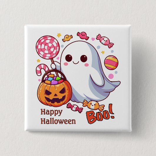かわいいお化けのハロウィンの幽霊、かぼちゃ、お菓子 缶バッジ (正面)
