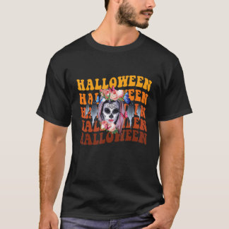 かわいいお化けのハロウィンスカルカトリーナ死者の日T Tシャツ