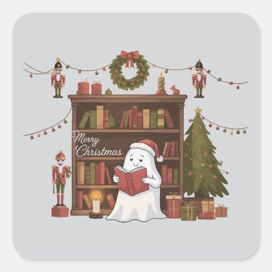 かわいいお化けの読書の本 クリスマスの読書 スクエアシール (正面)
