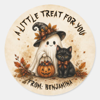 かわいいお化けの黒猫ハロウィンお菓子シール ラウンドシール