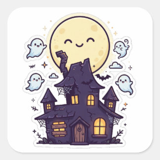 かわいいお化け屋敷満月ハロウィンステッカー スクエアシール
