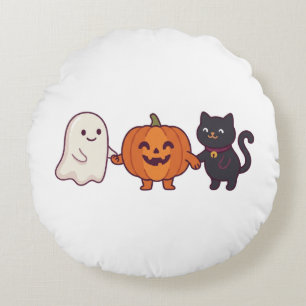 かわいいお化け 黒猫 & ジャック・オ・ランタン ハロウィン ラウンドクッション
