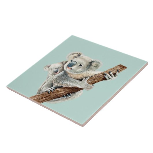 かわいいお母さんとベビーの水彩コアラ淡い緑 タイル (側面)