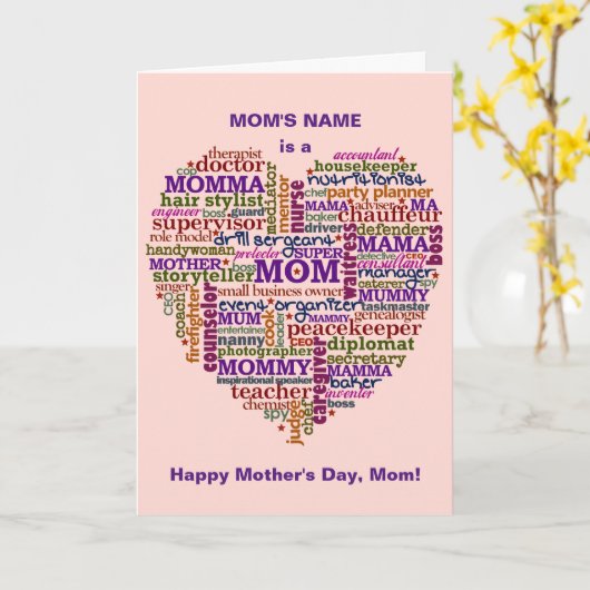 かわいいお母さんのデイワードアートハートパーソナライズされた カード (黄色い花)