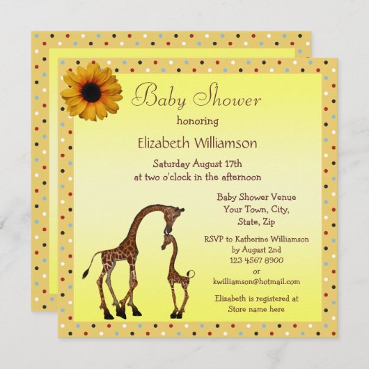 かわいいお母さん及びベビーのキリンの中立ベビーシャワー 招待状 (正面/裏面)