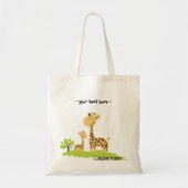 かわいいお母さん及びベビーのキリンの緑及び黄色のキャンバスのバッグ トートバッグ (正面)