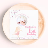 かわいいお洒落うさぎ女の子1st誕生日ピンク写真 招待状