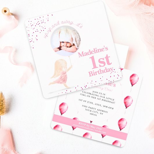 かわいいお洒落うさぎ女の子1st誕生日ピンク写真 招待状
