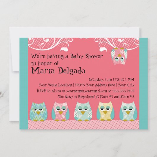 かわいいお洒落おもしろいスワールフクロウが赤ちゃんシャワーカードをフクロウ 招待状 (裏面)