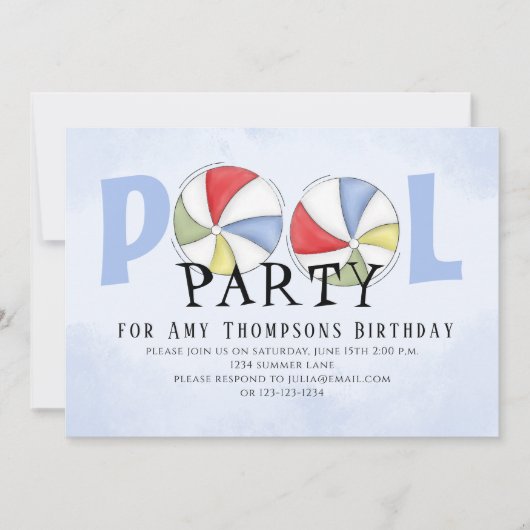 かわいいお洒落おもしろいプールパーティー夏のビーチボール 招待状 (正面)