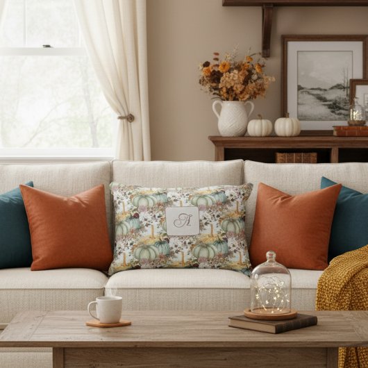 かわいいお洒落かぼちゃと花モノグラム アクセントクッション