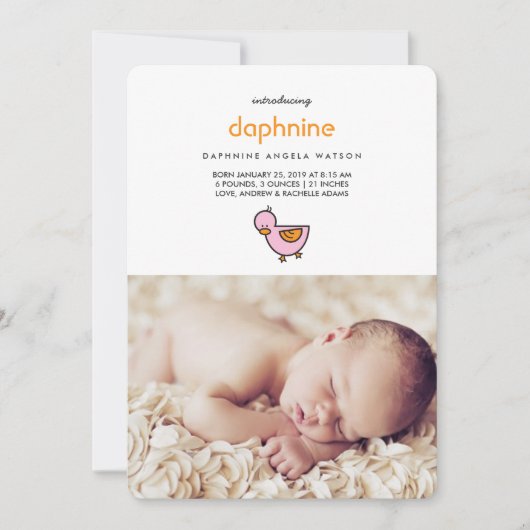 かわいいお洒落アヒル写真ベビーガール誕生 案内状 (正面)