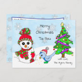 かわいいお洒落クリスマス雪だるまと鳥 ポストカード (正面/裏面)