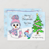かわいいお洒落クリスマス雪だるまと鳥 ポストカード (正面/裏面)