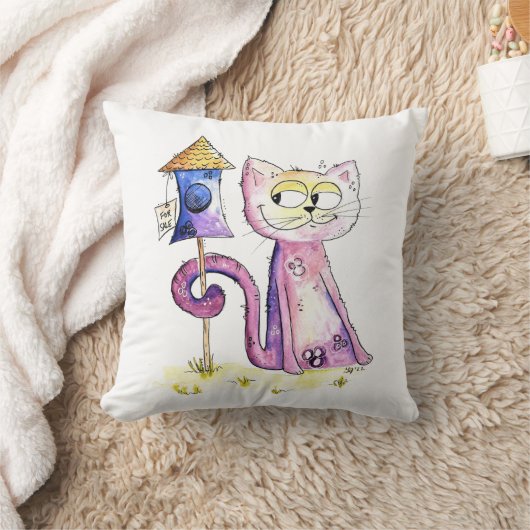 かわいいお洒落スニーキー猫とバーズハウス クッション (ブランケット)