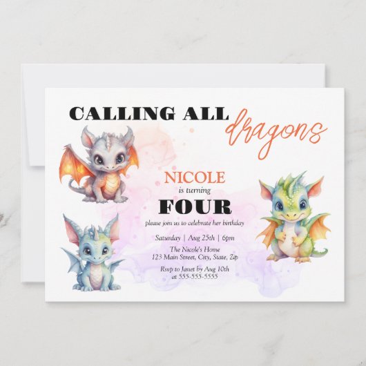 かわいいお洒落ドラゴンズ童話子供の誕生日 招待状 (正面)